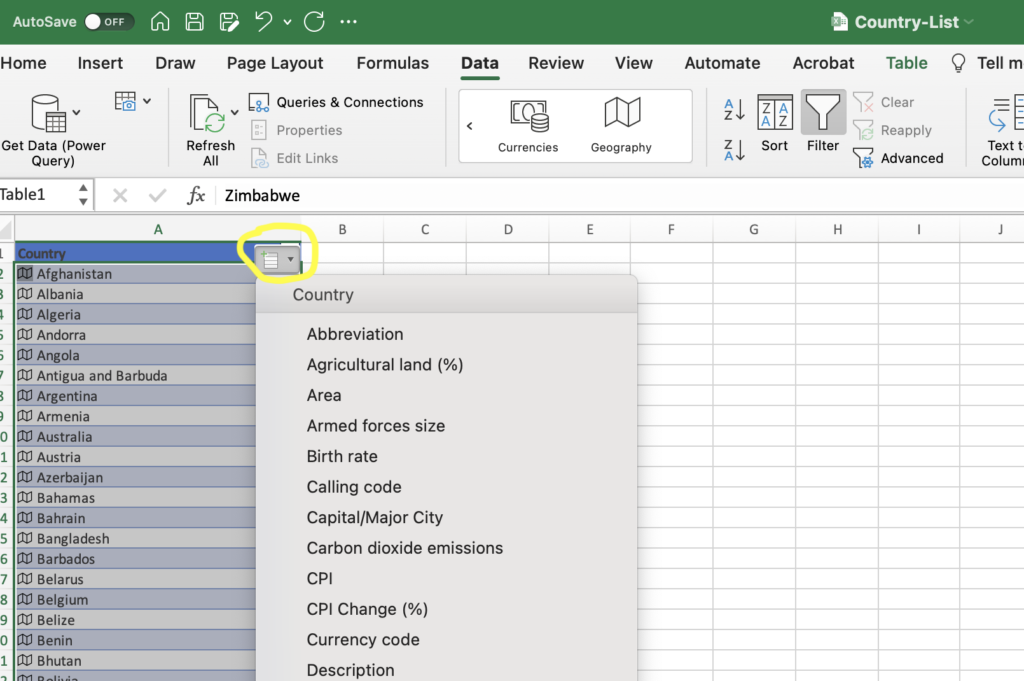 Excel Geography Lesson